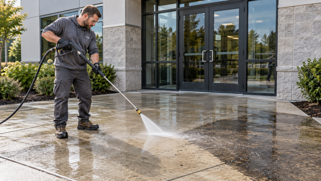 Commercial pressure washing technician removing buildup from a concrete business entrance.