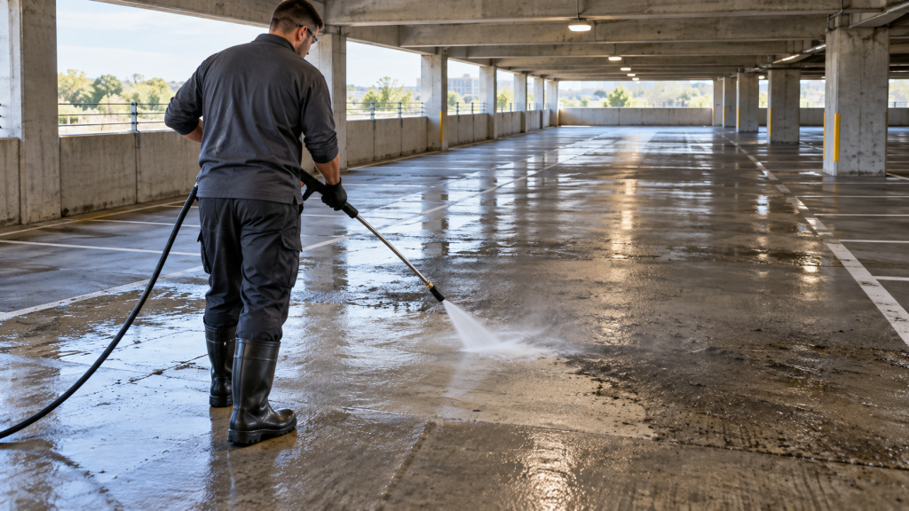 Parking garage pressure washing removing surface grime from a concrete driving lane.