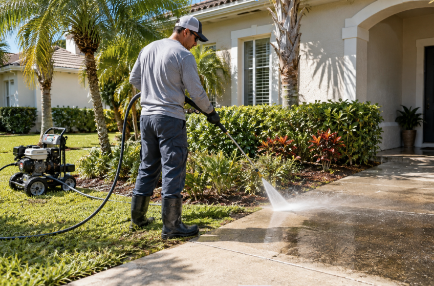 Residential pressure washing professional cleaning dirt and buildup from a paved walkway outside a home.