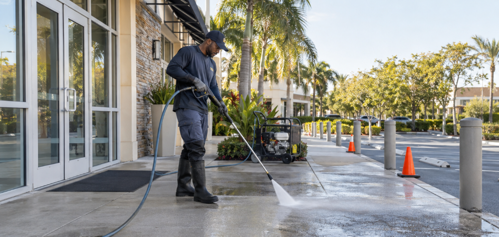 Commercial pressure washing addressing buildup in a high-traffic exterior area
